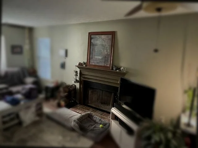 Living room and fireplace before chimney fire repair